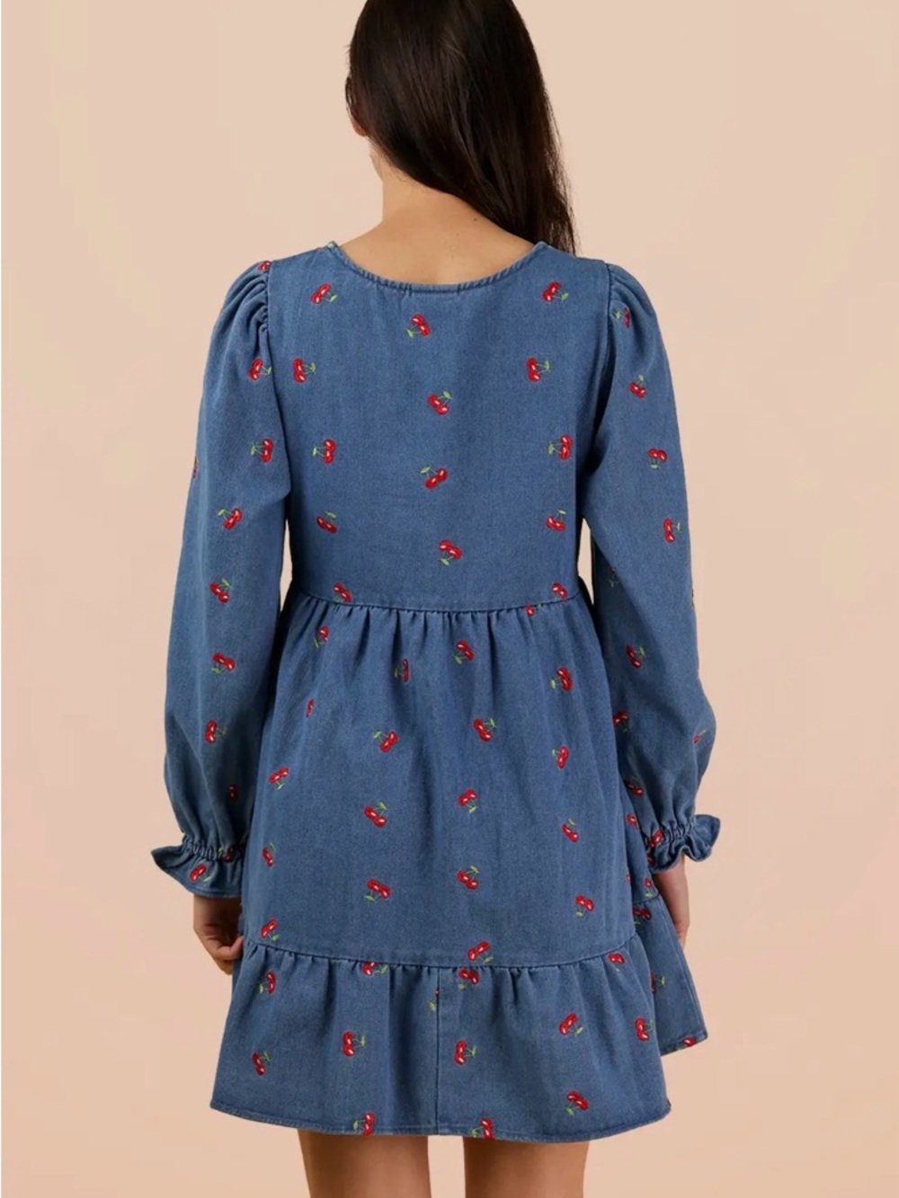 Chambray mineral cherry embroidered denim boho western tiered midi dress - Picture 3 of 3